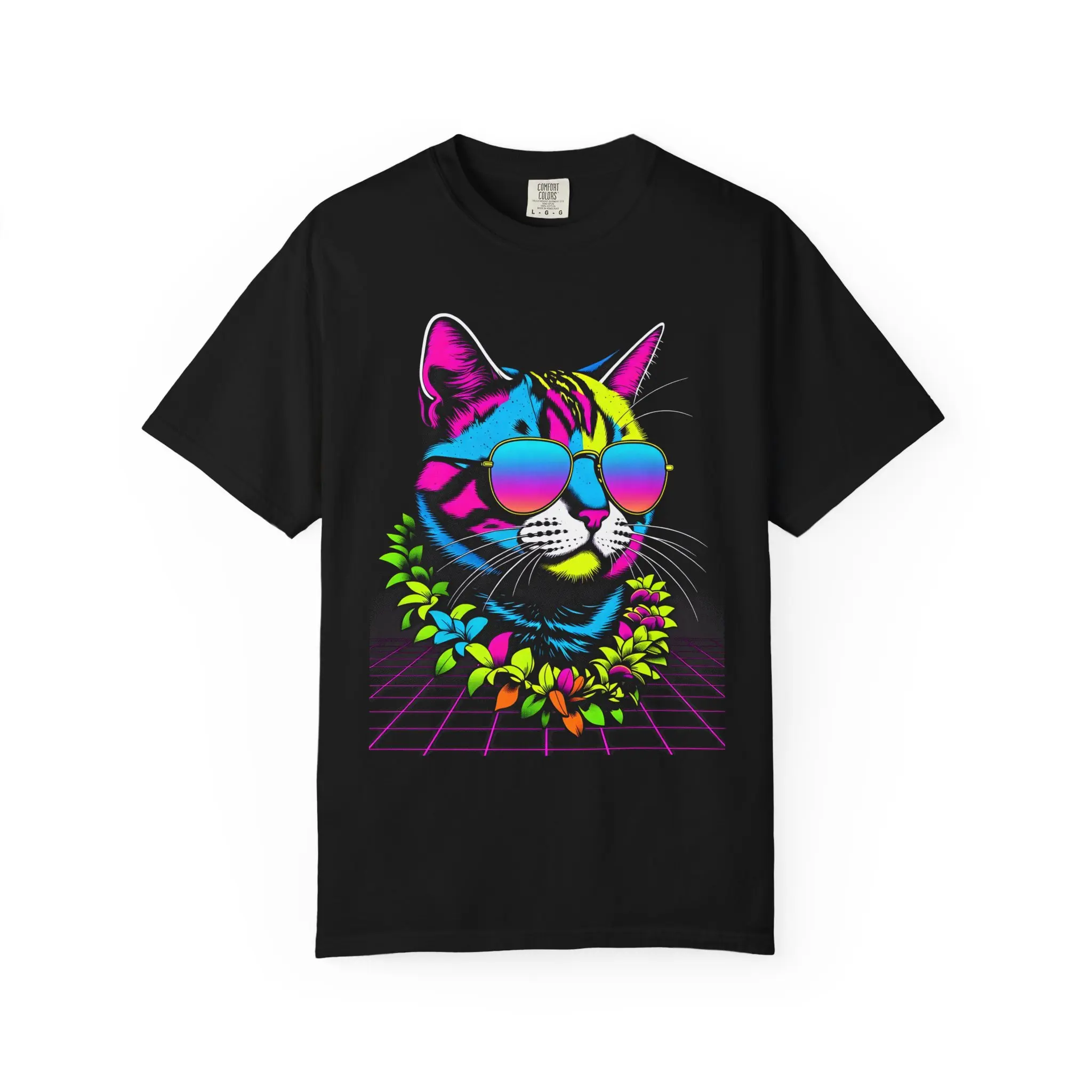 Retro Synthwave Neon Cat T-Shirt | 80s Vaporwave Cool Kitty Tee | Summer Vibes Graphic Shirt