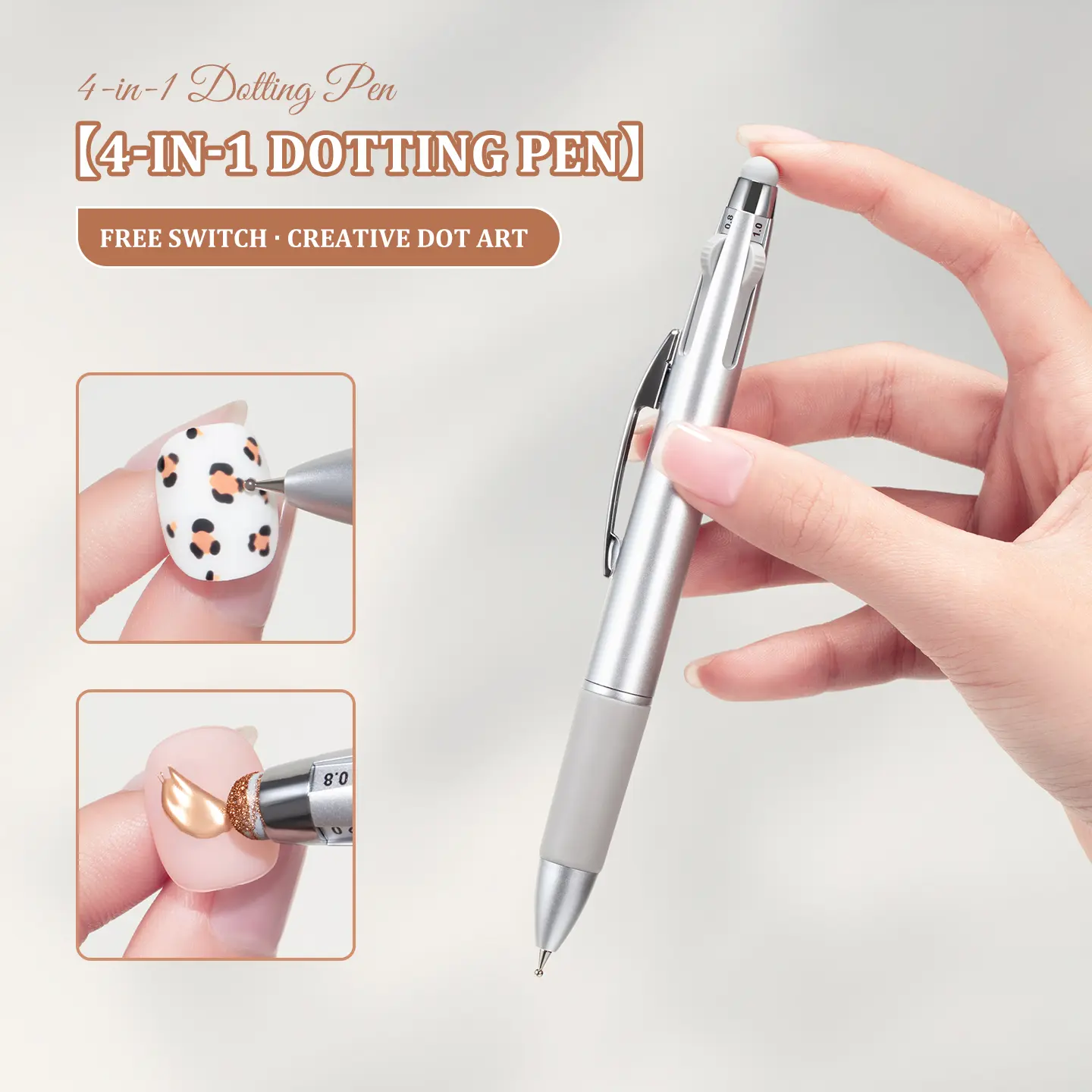 4-in-1 Multifunctional Nail Art Dotting Pen, Retractable Dual-Ended Dotting Tool with Silicone Tip for Polka Dots, Flower Designs and Chrome Powder Application