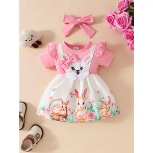 Adorable Cartoon Embroidered Short Sleeve Dress with Bow + Headband - Pink & White Easter-Themed Toddler Girl'S Outfit with Bunny & Egg Design, Perfect for Spring Celebrations, Little Girl Dress, Playful Fashion, Decorative Bow Detail, Soft Fabric Dress
