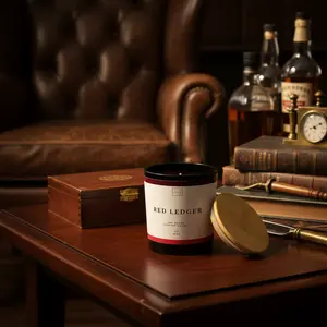 Red Ledger Candle - Woody Leathery & Boozy Scented Soy Blend Wax with Sandalwood Brandy Leather Pine Fir Clove Cardamom Musk Patchouli Tonka Cedarwood Vanilla & Moss Notes for Bold Sophistication