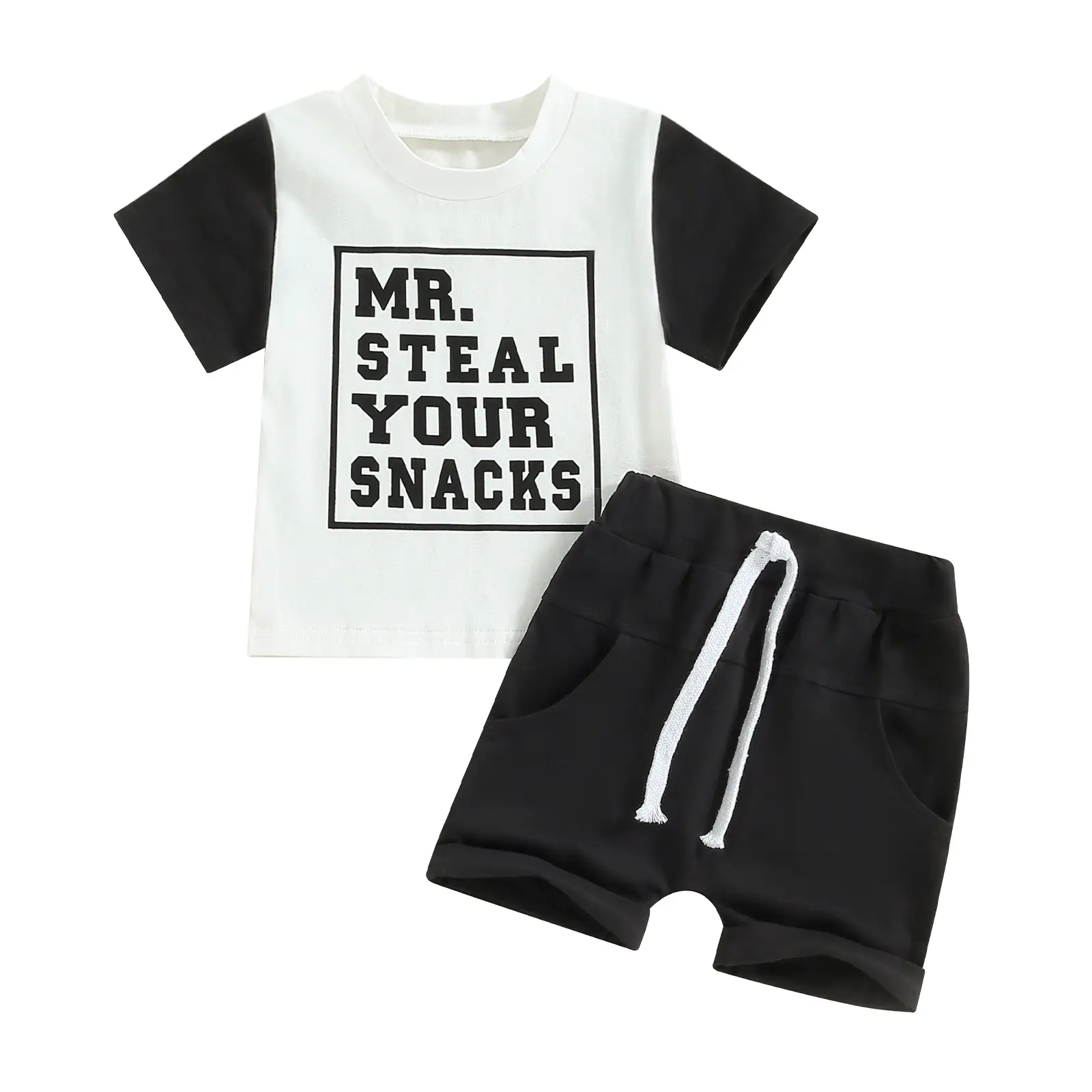 Canrulo Toddler Baby Boy Summer Clothes Mr. Steal Your Snacks Short Sleeve T-Shirt Top Shorts 2Pcs Outfit