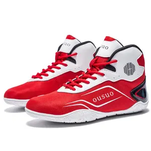 Men's boxing and wrestling shoes, large size, fitness training shoes, fighting and Sanda combat shoes, red and white sneakers, ankle support lace-up closure, breathable fabric, textile lining, durable rubber sole, four-season comfort, fitness shoes, flexi