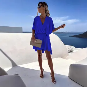 Women's Deep V Neck Twisted Plunging High Slit Mini Party Dress