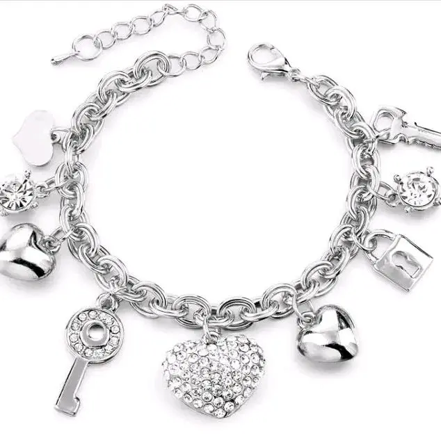 Elegant Character Bracelet with Shiny Stone Heart Padlocks and Key Gift Item, Silver Chain Design