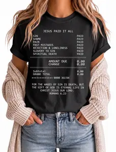 Women's Jesus Paid It All Graphic Print Cotton Round Neck Shortsleeve T-Shirt - Comfortable, Soft, Breathable, Everyday Fit Casual Top - Ideal for Summer, Faith-Based Events summerwins,summerwins