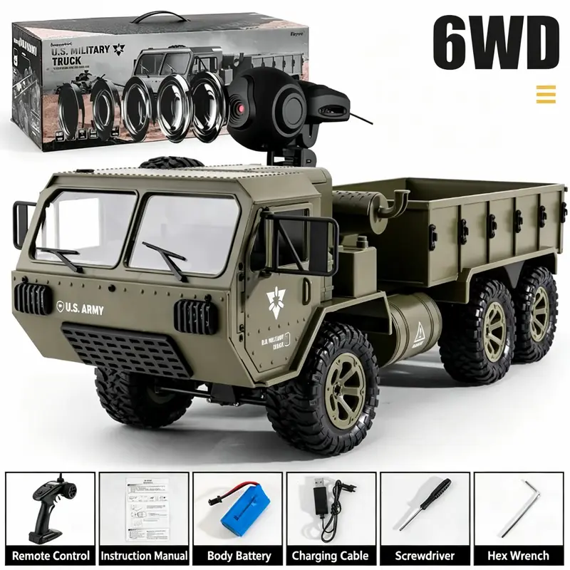 6WD RC Military Tactical Truck - US Army Themed, FPV High-Definition Camera, Remote Viewing, Realistic Suspension, Durability, Charging Cable, Developmental Tool, Decoration Piece, Included Screwdriver, 48x22x13.5cm