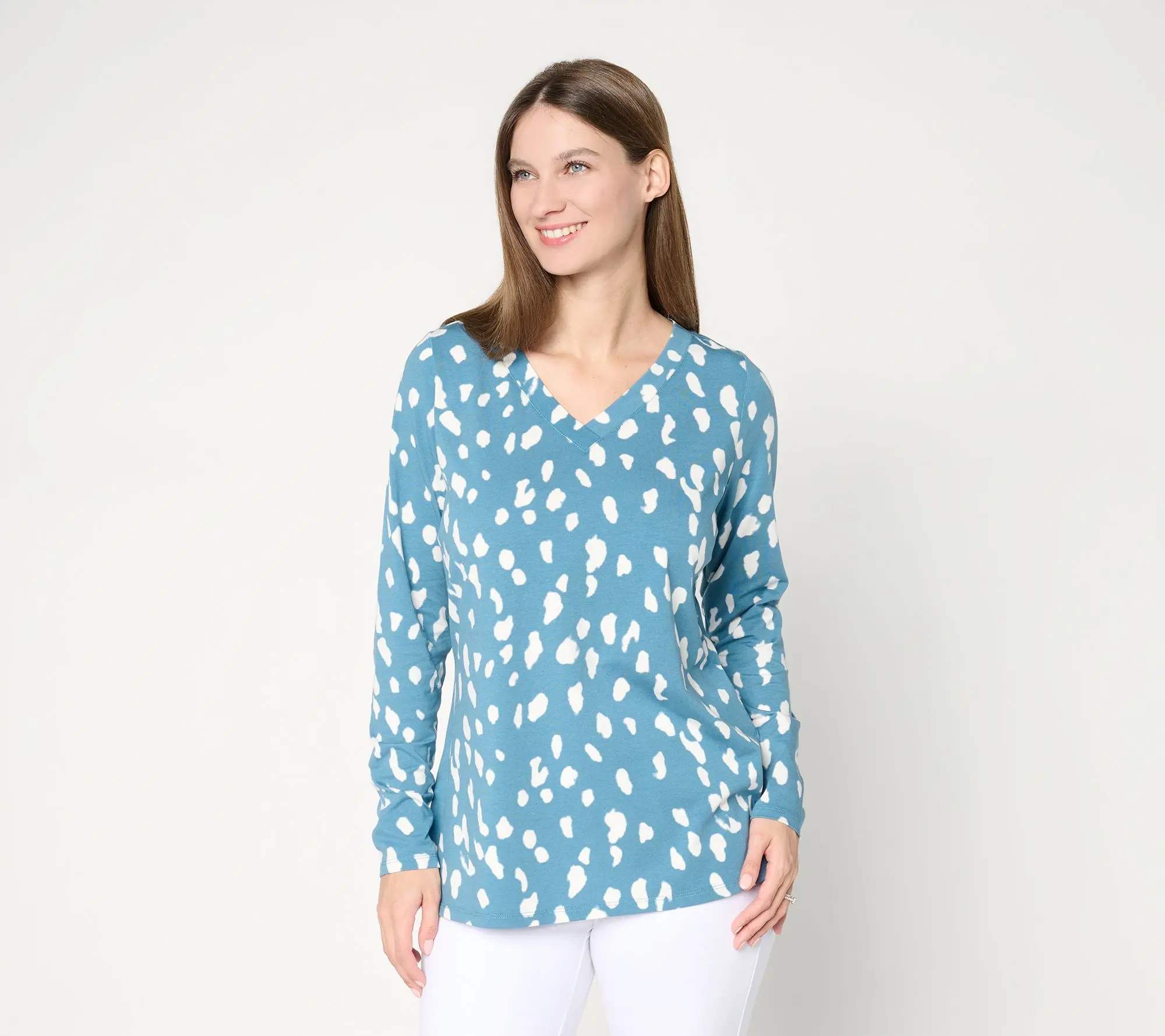 Belle by Kim Gravel TripleLuxe Knit Splatter Dots V-Neck Top