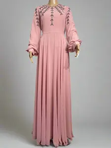 Light, dusty rose-colored modest formal maxi dress