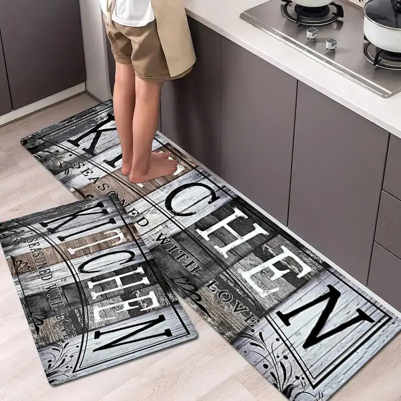 Kitchen Floor Mat, 1 Count Letter & Wood Grain Pattern Kitchen Rug, Non-slip Kitchen Mat, Washable Kitchen Floor Mat for Home Farmhouse Decor