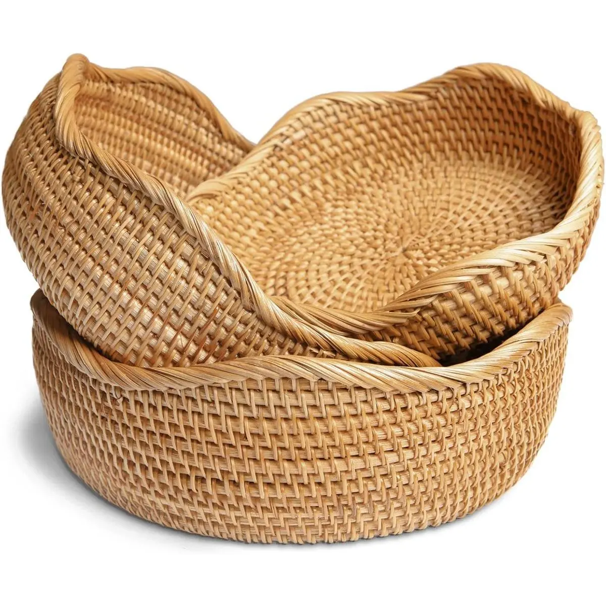 Eco-Friendly Striated 3-Piece Rustic Natural Handmade Rattan Bread Baskets - Round Wicker Kitchen Bakeware (11.5in Large, 10.2in Medium), Counter Organizing Storage for Living Rooms, Bedrooms, Special Occasions Table Adornment (Honey Brown), Baking