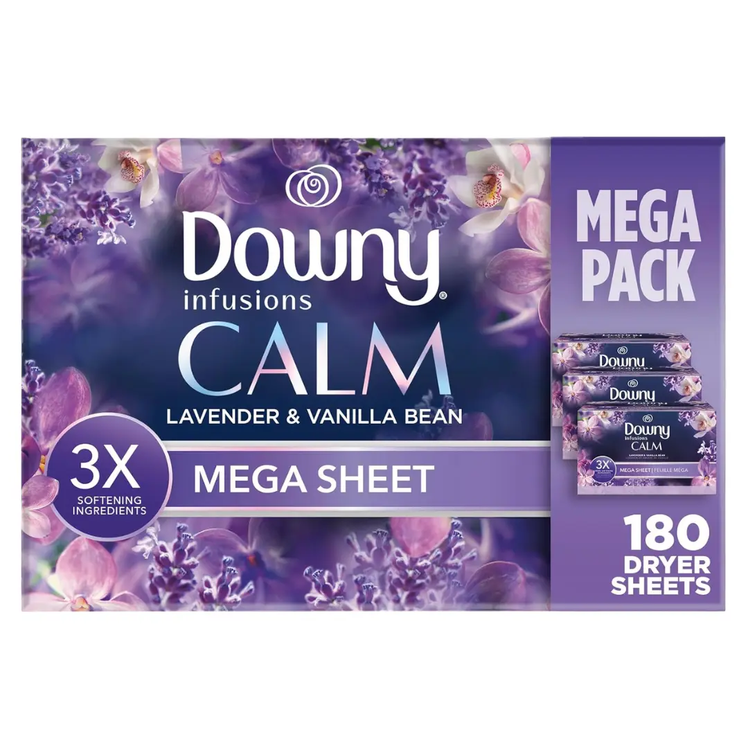 Downy Infusions Mega Laundry Fabric Softener Dryer Sheets, CALM Lavender & Vanilla Scent, 3x More Softening Ingredients, 4-in-1 Benefits, 180 Count (3 Boxes of 60 Sheets), 2.21 lbs, Suitable for 12 Months of Use, Baby Laundry Household Essential, 2.21 Pou