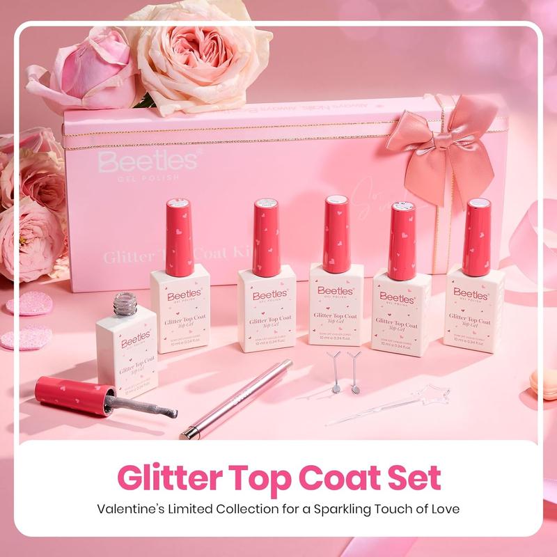 Beetles Valentine's Glitter Gel Top Coat Set, Clear Pink Color High Shine, Drying, Manicure Essentials EasterNail Designs SpringNail VacationNail FestivalNail GraduationNail  newyearnewme valentinesday