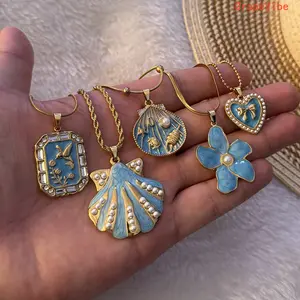 Women's Ocean Blue Imitation Pearl Shell Scallop Heart Flower Bird Pendant Necklace, Elegant Daily Wear Neck Accessory, Accessories for Women (Sports & Outdoor, Fan Shop, Gaming)