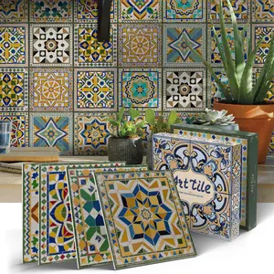 12/24 Pieces Retro Striped Flower Art Design Ceramic Tile Wall Stickers, Self-Adhesive Vinyl Waterproof for Bedroom, Kitchen, Bathroom Decor，5.91*5.91 Inches, Decorative Wall Sticker