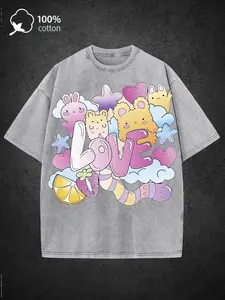 Men's Washed Vintage Crew Neck T-Shirt, 100% Cotton 230GSM, "Cartoon LOVE" Print with Aged Washed Craft, American Street Style, Summer Wear, Suitable for Daily Commute, Street Fashio Easter, Music Festival, Mother's Day Gifts