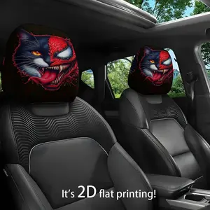 2D flat (no filler) black and red color scheme cat face venom car head pillowcase, seat head protective cover for all models, interior decoration accessories, car seat headrest cover for travel and daily commuting, ideal gift for drivers and passengers