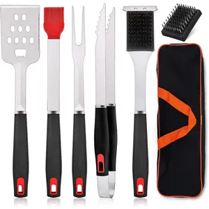 BBQ Grill Accessories Set of 7, Stainless Steel Grilling Tools Set with Storage Bag, Heavy Duty Grill Spatula, Tong, Fork, Basting Brush, Cleaning Brush, Dishwasher Safe & Man's