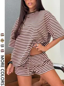 2 Spring Summer Stripe Print 2 Piece Outfit Women | Oversized T-Shirt + Drawstring Shorts | Soft Casual Lounge Set | Y2K Clean Girl Style for Daily Home Vacation Wear