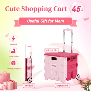 Cute Shopping Cart 45L Collapsible Rolling Crate Utility Cart Foldable Shopping Grocery Cart with Wheels Suitable for Outdoor Activities, Picnic, Supermarket