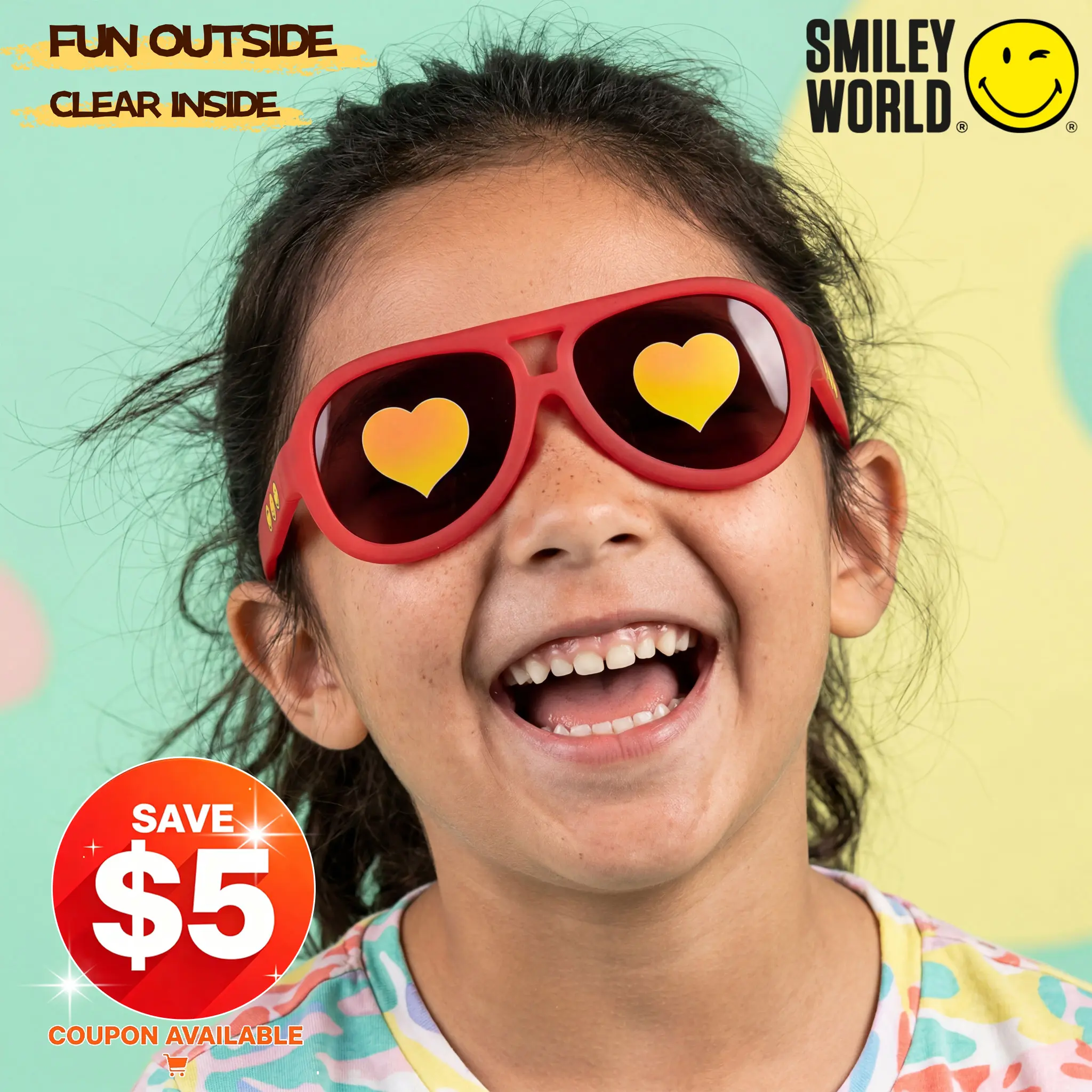 SMILEYWORLD Fun Graphic Lens Sunglasses UV400 Flexible Lightweight Kids Shades – Fun Outside, Clear Inside! FEI RED