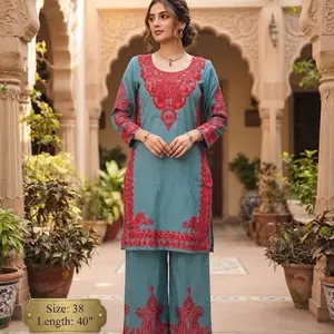 Women's 2-Piece Embroidered Kurta Set | Ferozi Festive Outfit (Size 38, Length 40")