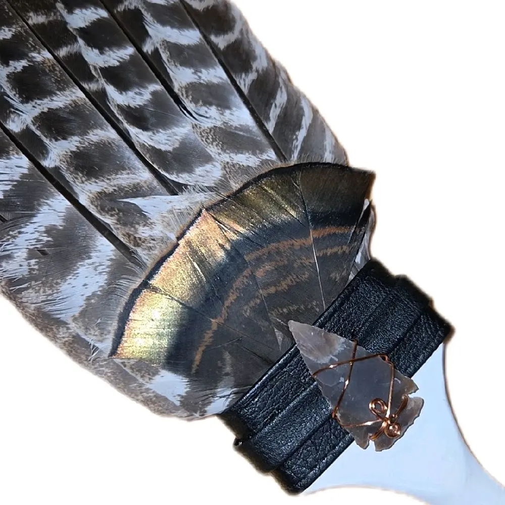 Handcrafted Feather Fan Unique Handmade Wood Tool for Smoke Cleansing Energy Clearing Ritual Work Altar Setups & Intention Ceremonies with Turkey Peacock Ostrich Feathers Leather Arrowheads Copper Gemstones