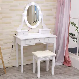 【Christmas Deal】GARVEE Vanity Desk with Mirror & Lights: Modern Makeup Table with Oval Lighted Mirror, Stool, 3 Lighting Modes, 5 Drawers, Ideal for Women, Available in White & Black