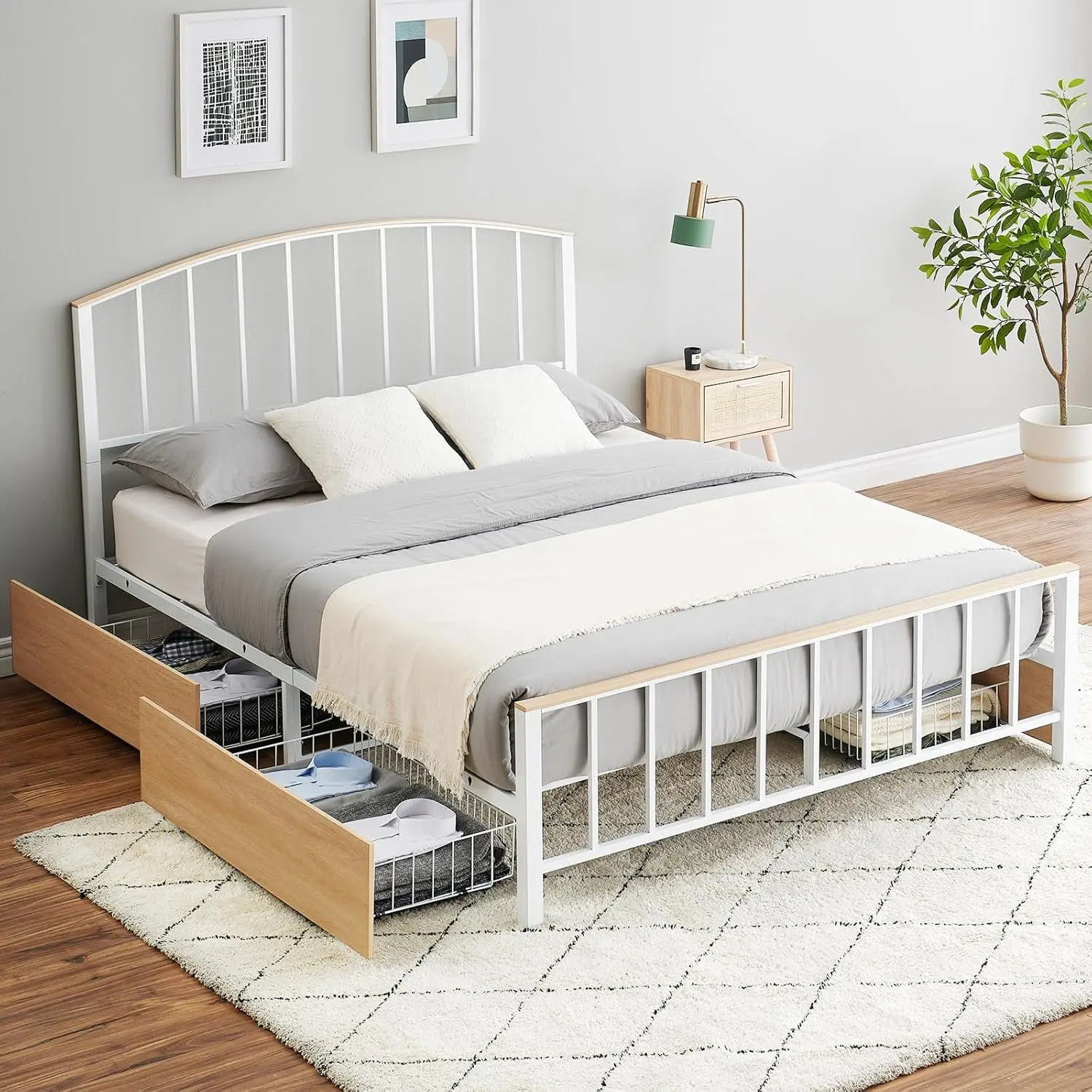Gaomon Queen Size Storage Platform Bed with Rattan Accent - Oak, 4 Storage Drawers, Wooden Headboard, LED Light Strip, No Box Spring Needed, Modern, Quick Setup