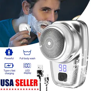 Men's Mini Portable Electric Razor & Shaver Set - Stainless Steel, USB Rechargeable, LED Display, Waterproof, Durable, Travel-Size, Beard Hair Trimmer, Shaving Brush, Silver