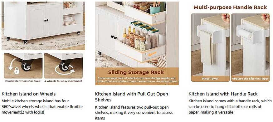 LIKIMIO Kitchen Island with Drop Leaf, Rolling Kitchen Island Cart on Wheels with Storage, Microwave Cart with Pull Out Open Shelves and Drawer, Mobile Kitchen Storage Islands