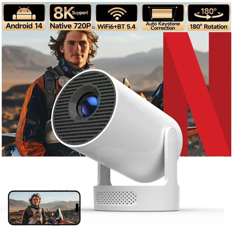 Outdoorfun Mini HY300Pro+ Projector, 8K/4K/1080P Decode, 290ANSI Lumens, Auto Keystone Correction, Dual-Band WiFi6 & Bluetooth5.4, Android 14, 1280x720P, Abs Oval Box Design, Remote Control, Projector for Bedroom Home Cinema Portable Gift #tiktokshopstock