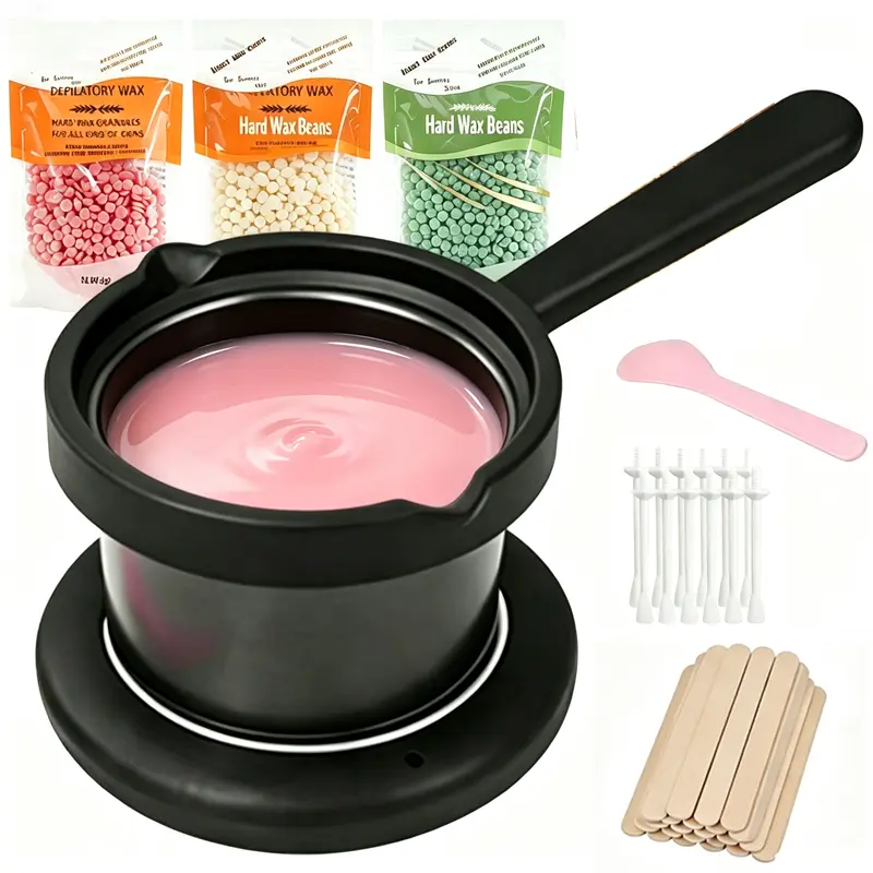 Wax Melt Warmer, Nose Ear Hair Removal Kit,Nose Wax Kit Men,Multi-Purpose Warmer with 3 Hard Beads ,at Home Use for Full Body, Bikini, Brow, Face, Sensitive Skin -Black /Pink Bowl with Handlebar
