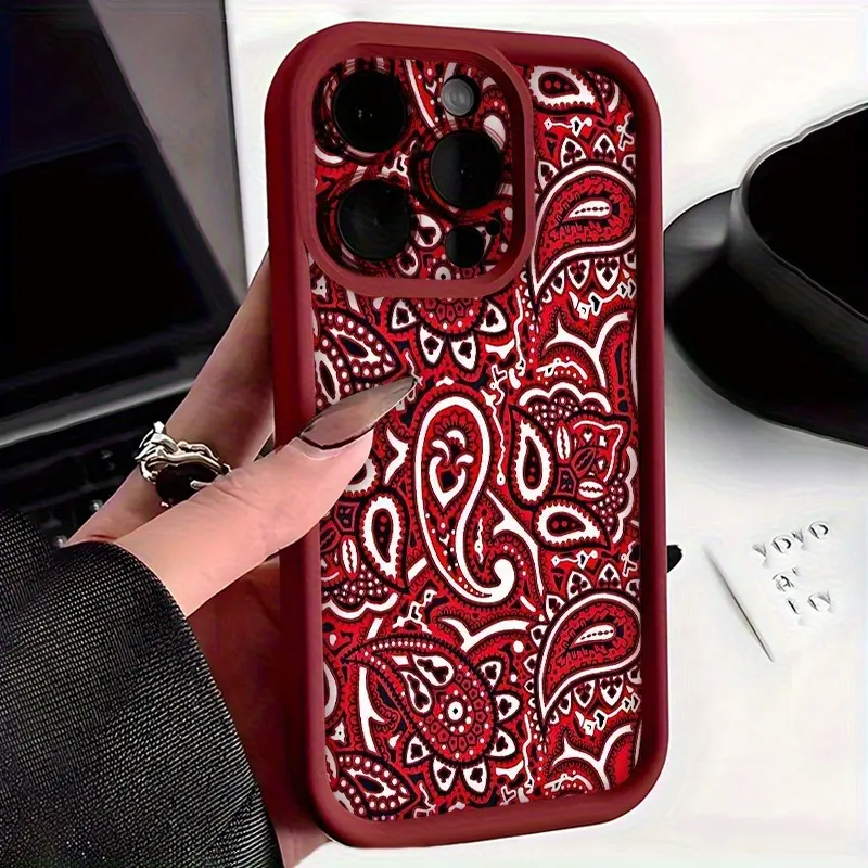 Red Paisley Pattern Handheld Cellphone Case for iPhone 17 Pro Max,16,16e,15,14 Plus,13,12 Mini,11,Air,X,XS - Shockproof Soft TPU Casing, 2D Printing, Camera Protection, Rugged Mobile Device Cover Gift