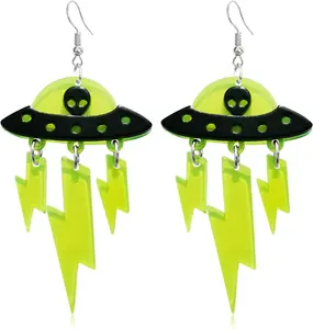 Novelty Spaceship Alien UFO Acrylic Lightning Lightweight Dangle Drop Earrings Geometry Halloween Universe Hook Earrings For Women Jewelry Gifts