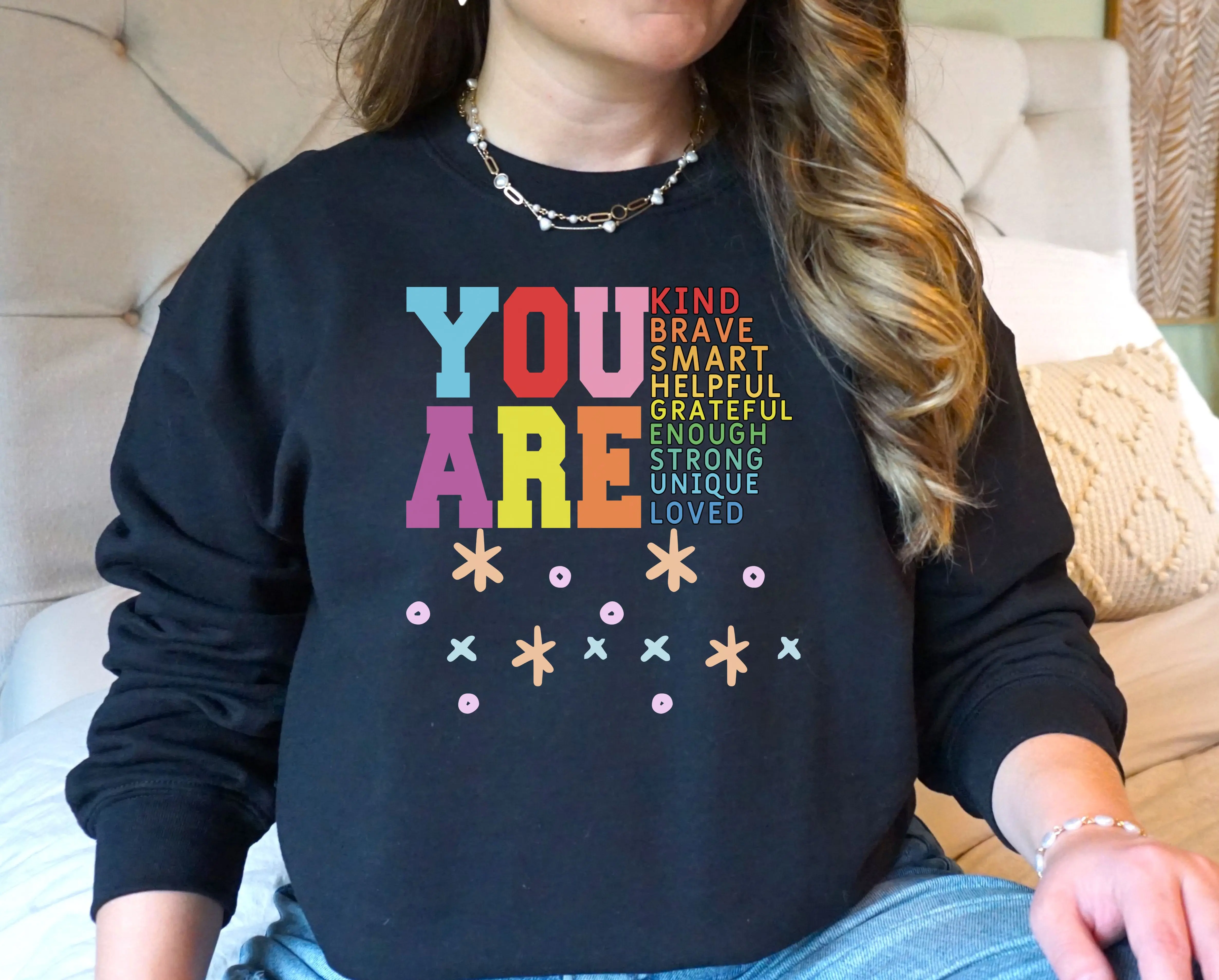 Gildan Unisex Crewneck Sweatshirt - You Are Kind Sweater - Colorful Inspirational Quote Sweater for Women, Fabric, Pullover, Printed, Womenswear