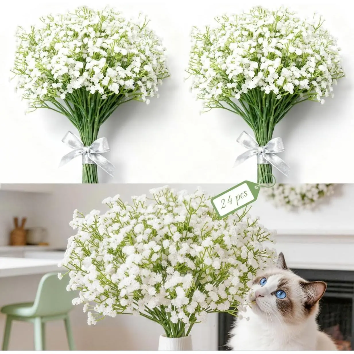 Babys Breath Artificial Flowers, White Artificial Flowers Bouquet, Faux Flower, Fake Gypsophila Bulk in Vase Floral Decor for Centerpieces Wedding Brides (24, White)