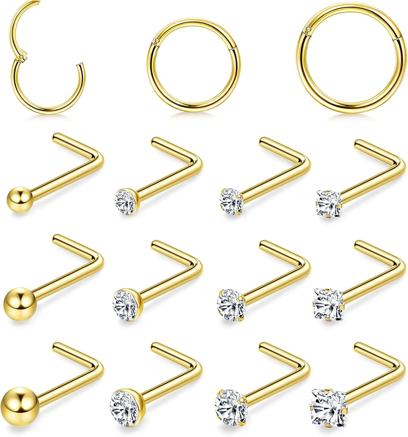 G Nose Rings Hoops and G Nose Studs for Women Men Hypoallergenic L Surgical Stainless Steel Clicker Hinged Segment Nose Rings Hoops Ball CZ L-Shape Nose Studs Nostril Piercing Jewelry
