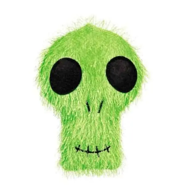 Halloween Squeaky Fuzzy Skull Dog Toy - 6½ Inches, Green Design, Black Eyes, Smiling Mouth, Spooky Look, Cute Embroidered Details