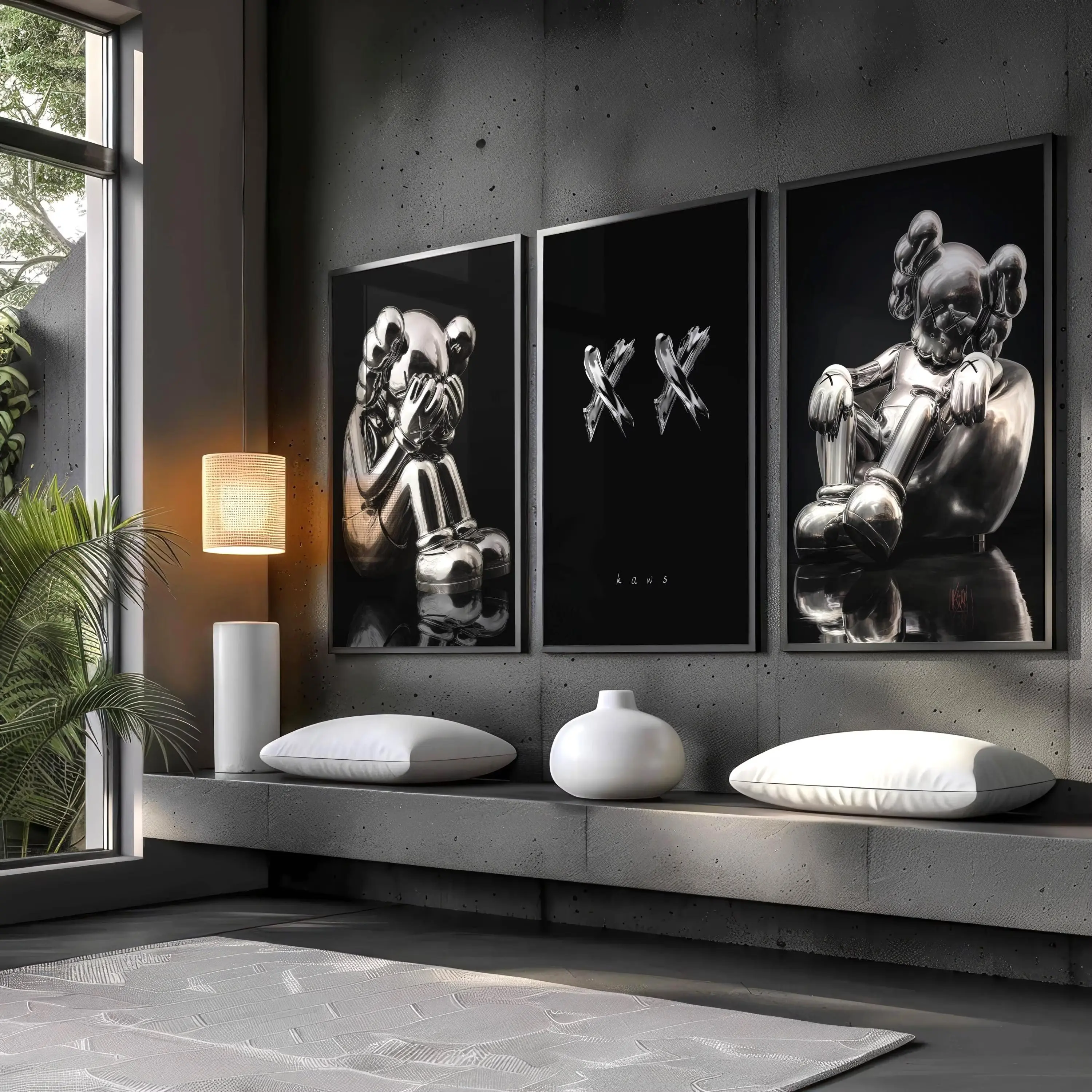 3-Piece Chrome KAWS-Style Poster Set - Black Minimal Wall Art, Blindfold Figure, XX Eyes Typography Print, Tired Sofa Character, Modern Home Decor