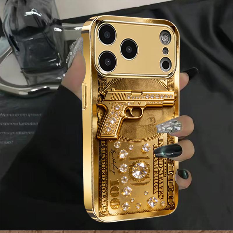 Whole Pistol Gold Dollar Pattern Electroplated Glass Phone Case, Available in Gold and Silver, High-end Luxury Phone Case, Compatible with iPhone 11/12/13/14/15/16/17