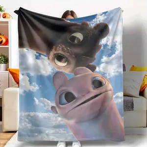 Cartoon Dragon Friends Flannel Blanket Sky and Clouds Fantasy Print Soft Cozy Warm Lightweight Perfect for Sofa Bedroom Office Travel Gifts tiktokshopspringglowup