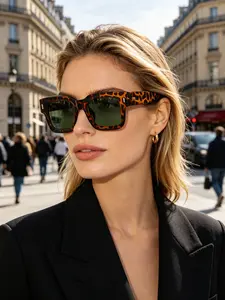 Leopard Frame Green Lens Square Sunglasses, European and American Retro Trendy Shades, Stylish Statement Streetwear Accessory for Vacation, Travel, Beach Photos, Street Style, Dating, Shopping, Commuting, Daily Looks, Back-to-School and Birthday Gifts