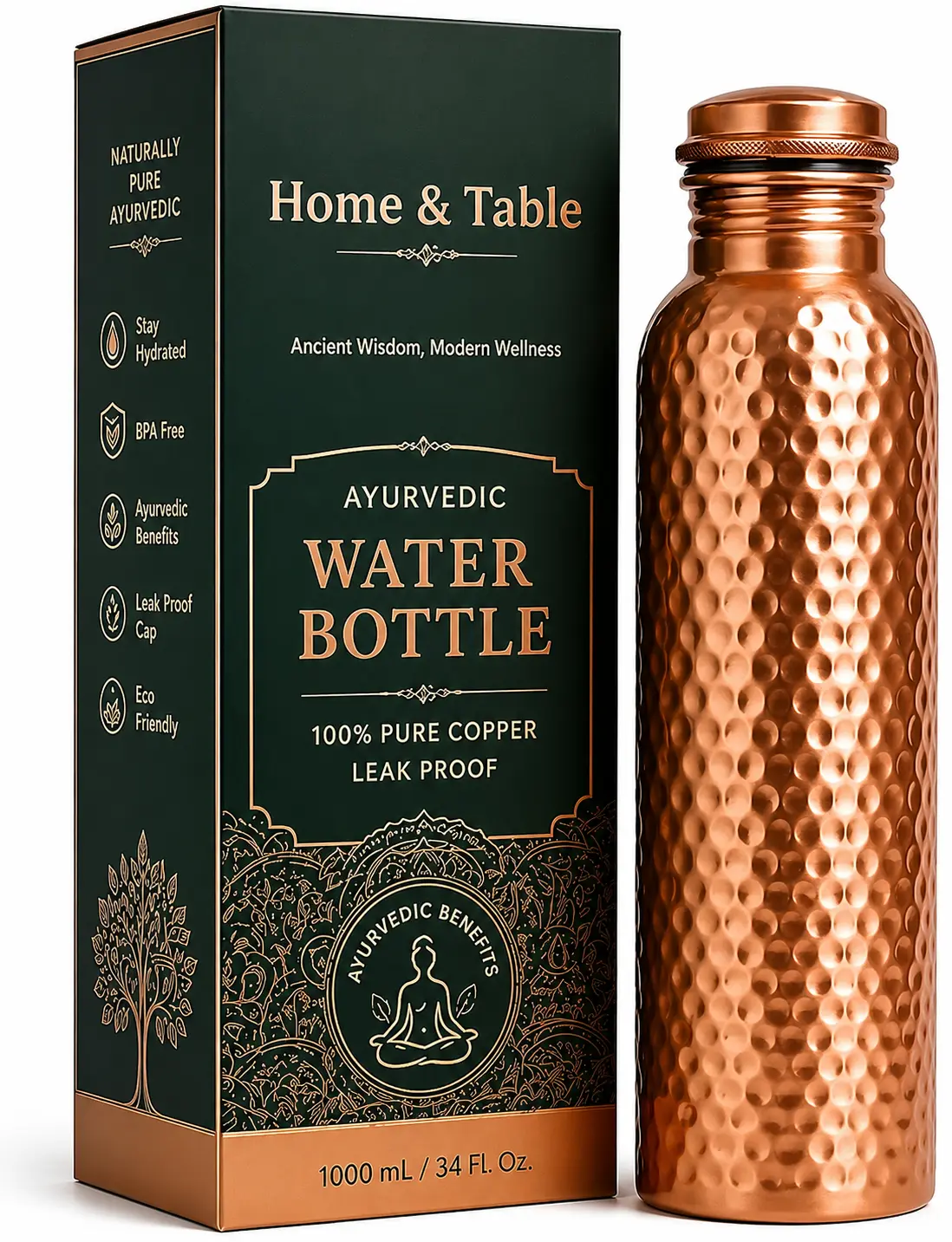 Copper Water Bottle 1 Liter (34 oz), 100% Pure Copper, Ayurvedic Drinking Bottle, Hammered Design, Leak Proof Cap, BPA Free, Health & Wellness Bottle
