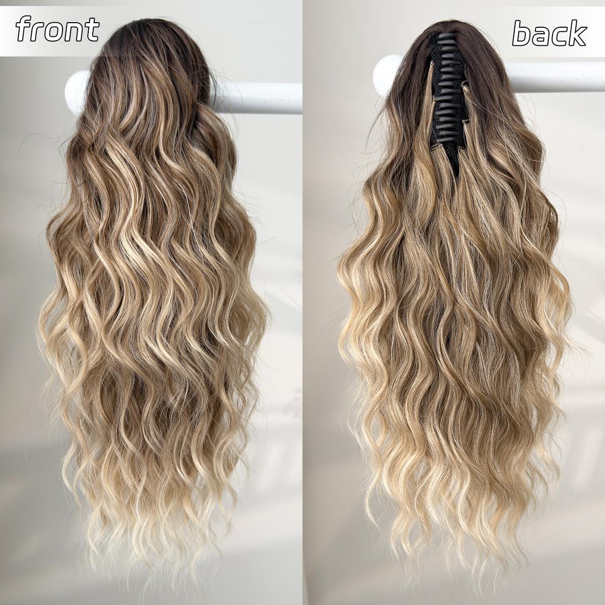 HEYPINK Short Claw Ponytail Extension - 18in Black-Brown Ombre Water Wave, Heat-Resistant Synthetic Fiber Hairpiece with Hair Transition for Women, Party & Daily Use