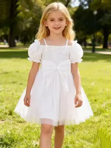 Girls Summer New Bubble Short Sleeve Off-Shoulder Dress, Solid Color Tulle Fashion Princess Dress for Kids, Lightweight and Stylish Summer, Frilled Dress, Tulle Strap Dress