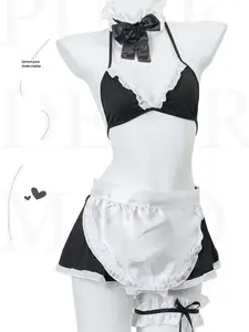 Women's Playful Black Lace Maid Lingerie Set, Halter Bralette & Mini Skirt with Apron, Choker & Leg Garter, Roleplay Costume, USA Stock