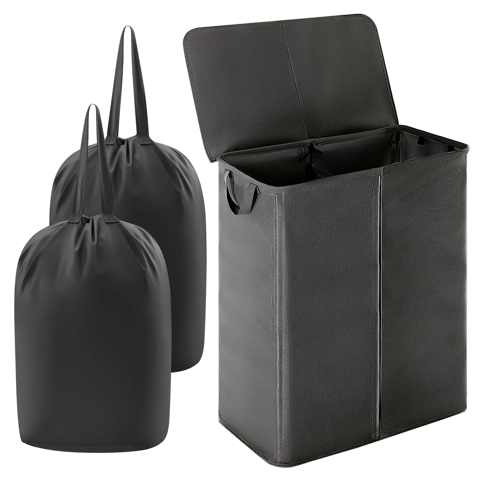 Lifewit Modern Rectangle Collapsible Laundry Hamper - 105L/160L Large Double Divided Laundry Organizer with Lid, Removable Non-Woven Recyclable Bags, Handles, Manual Setup, Foldable for Small Room Organization Products, Home Supplies Storage Organization