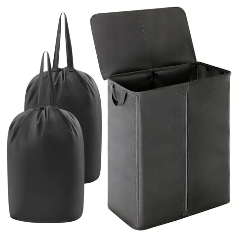 Lifewit Sturdy Modern Rectangle Collapsible Laundry Hamper - 105L/160L Large Double Divided Organizer, Lid, Removable Recyclable Non-Woven Bags, Handles, Manual Setup, Foldable for Small Room, Home Goods, Organizer Storage, Apartment Accessories