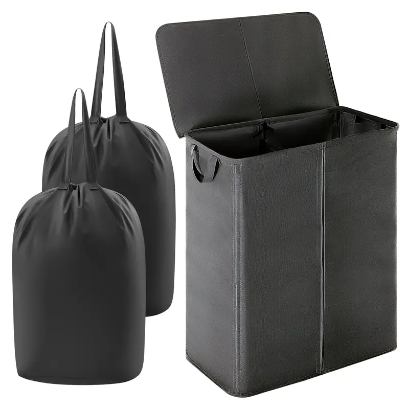 Lifewit Sturdy Modern Rectangle Collapsible Laundry Hamper - 105L/160L Large Double Divided Organizer, Lid, Removable Recyclable Non-Woven Bags, Handles, Manual Setup, Foldable for Small Room, Home Goods, Organizer Storage, Apartment Accessories