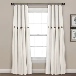 Lush Decor Faux Linen Button Lined 100% Blackout Single Window Curtain Panel 40"W x 84"L Energy Efficient Privacy Noise Reduction Farmhouse Style - Interior Decoration Accessories